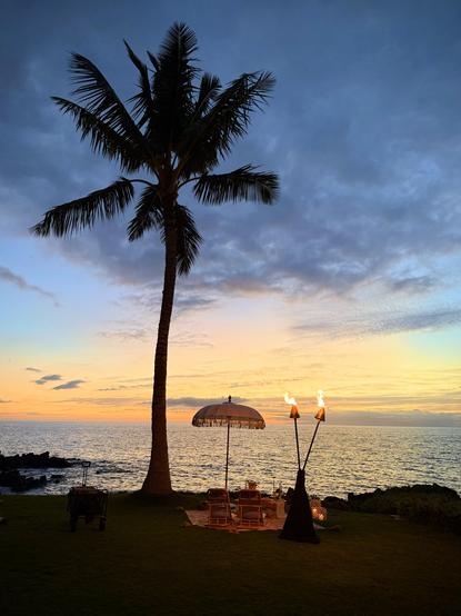A palm tree is silhouetted against the afterglow of a sunset over the ocean. A picnic is spread on the grass under it, with seating for two under a beach umbrella. A pair of tiki torches dimly light the grass with their flame.