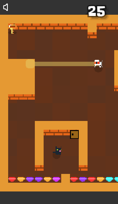an screenshot of the kleptokitty game where a maze-like map is visible and you are a black cat, some loot/diamonds are visible and there is a dangerous-looking dog cyborg roaming around, there is a closed exit door a golden key can be seen in a corner of the dungeon