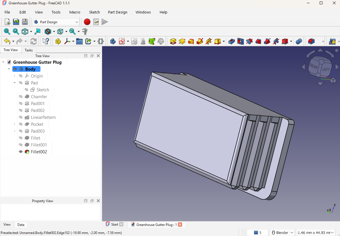 FreeCAD screen grab showing a rectangular end plug for a greenhouse gutter