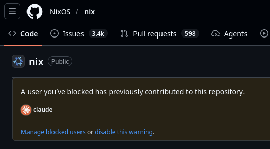 GitHub screenshot, NixOS/nix repo, showing "A user you've blocked has previously contributed to this repository", namely Claude
