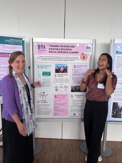 Heidi and Ankita in front of the DRA poster at the FOR conference