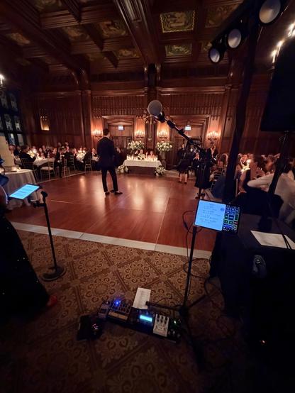 View from behind my mic stand, looking out on a warmly lit wood-paneled Edwardian room. On the dance floor in front of me a best man gives a speech facing a small head table where the bride and groom listen in disbelief