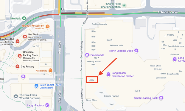 google map of Long beach convention center with arrow to lobby