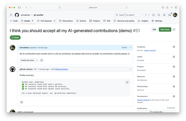 New (demo) issue opened in the gh-profiler repository. A workflow ran gh-profiler against the user who opened the issue, and wrote the output as a comment on the issue.