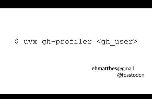 Title slide: `$ uvx gh-profiler <gh_user>`