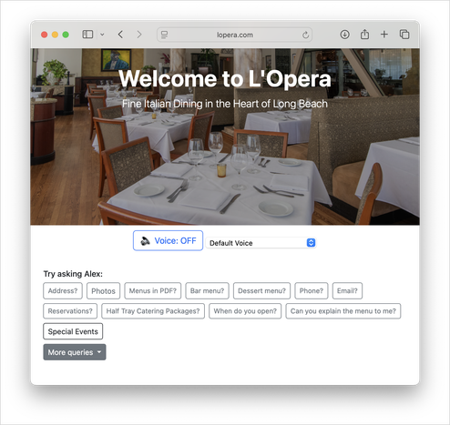 Restaurant home page with suggested questions for their chatbot, but no direct links to any actual information