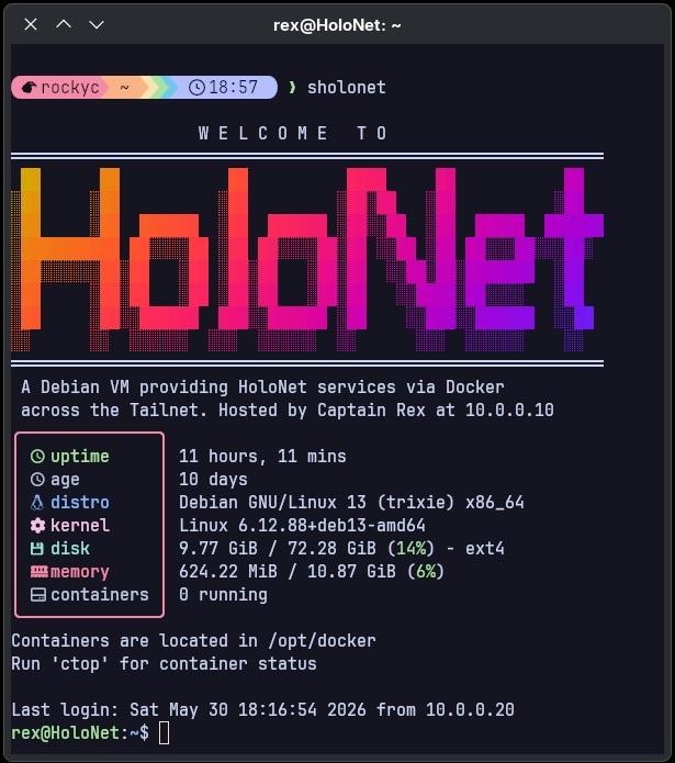 Screen capture of a fancy MOTD (message of the day) from my new server. It reads, “Welcome to HoloNet. A Debian VM providing HoloNet services across the Tailnet. Hosted by Captain Rex at 10.0.0.10” It also displays some fastfetch data.