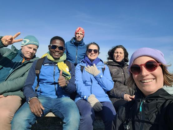 A group, hiking.