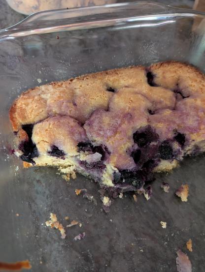 Cake in glass baking pan studded with blueberries.