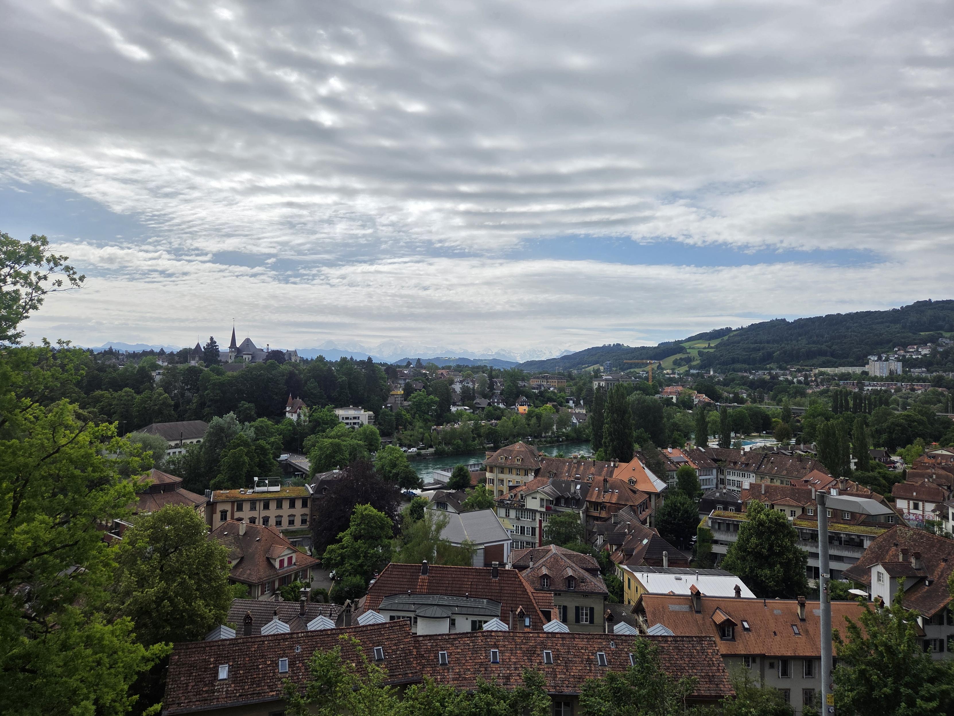 Bern from a high viewpoint. Mountains in the background