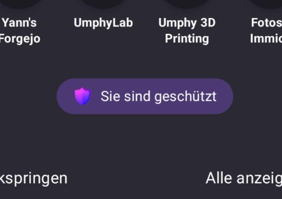 Firefox mobile Startseite, großer lila Button mit einem Schild „Sie sind geschützt”