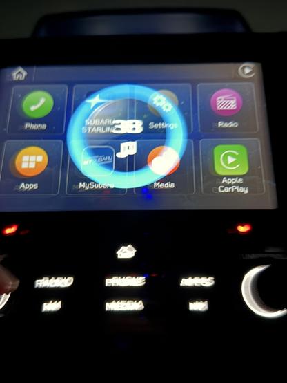 Photo of the infotainment screen of my Subaru showing a fully closed volume ring, with the number 38 in the center