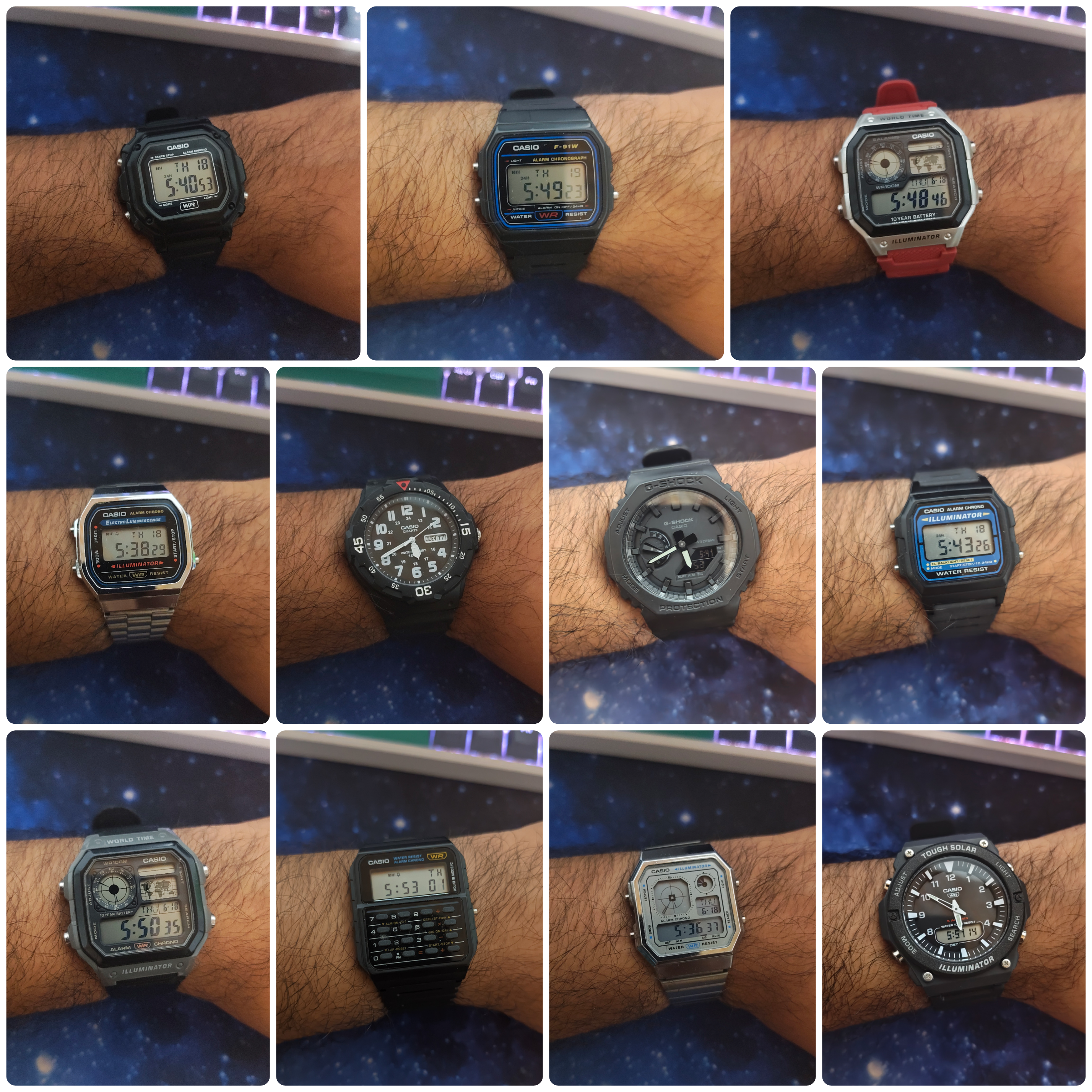 A bunch of Casio models on my wrist in a grid collage