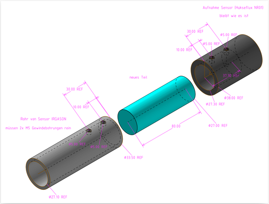 Solvespace PDF export of a three-part design, two gray tubes with holes for two screws each, and a cyan connector cylinder in the center, with dimensions and notes everywhere