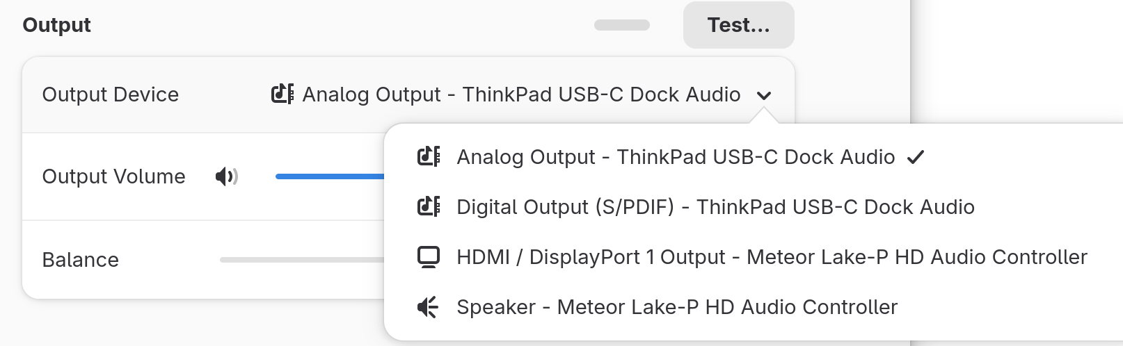 Linux sound dialog box showing a dropdown for the output with four options - Two for the attached dock (SPDIF and Analogue) plus HDMI and internal options)