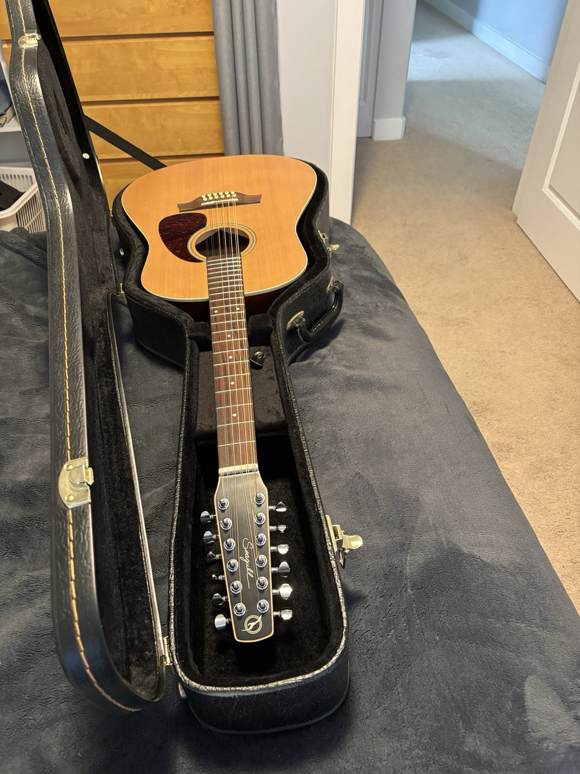 Seagull 12 string acoustic guitar in its case.