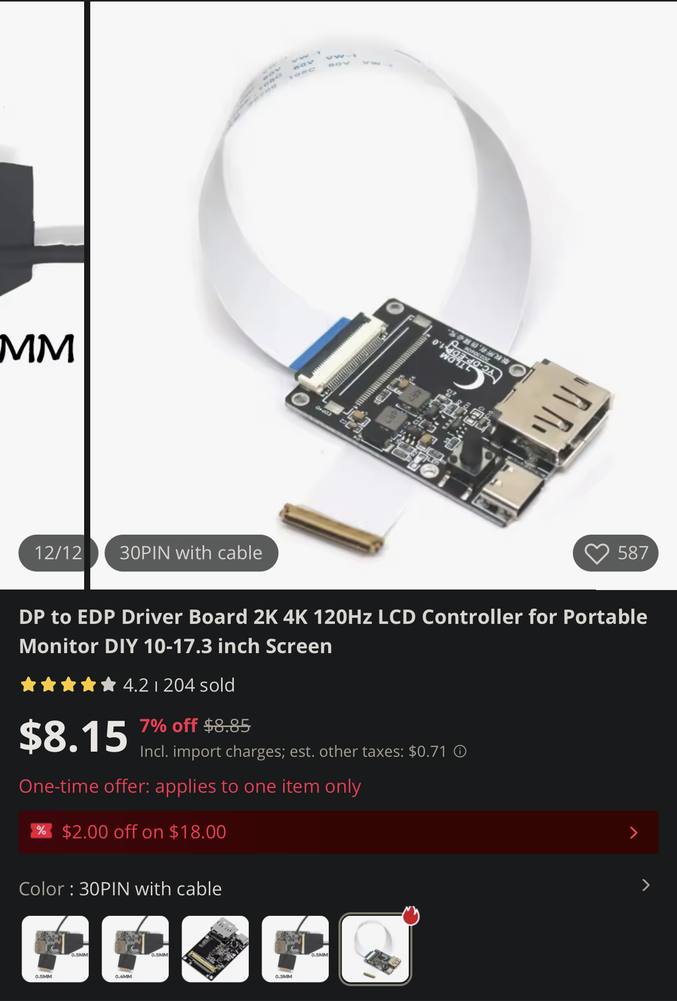 Aliexpress listing for a DisplayPort to eDP adapter board with USB-C power for the backlight with a 30 pin 0.5 mm pitch connector and cable for $8.15