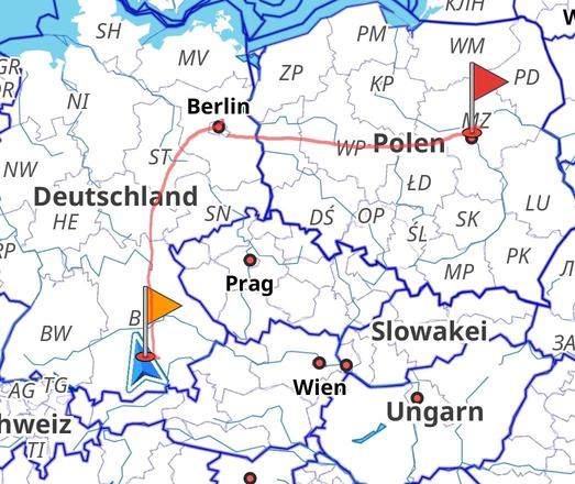 Map showing Munich, Berlin and Warsaw with hand drawn lines between the cities