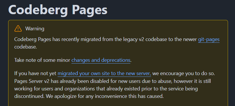 Notification on the Codeberg website about there being a new Pages server