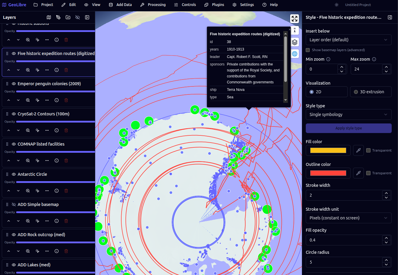 visualization of historic antarctic expedition routes with some strange artifacts