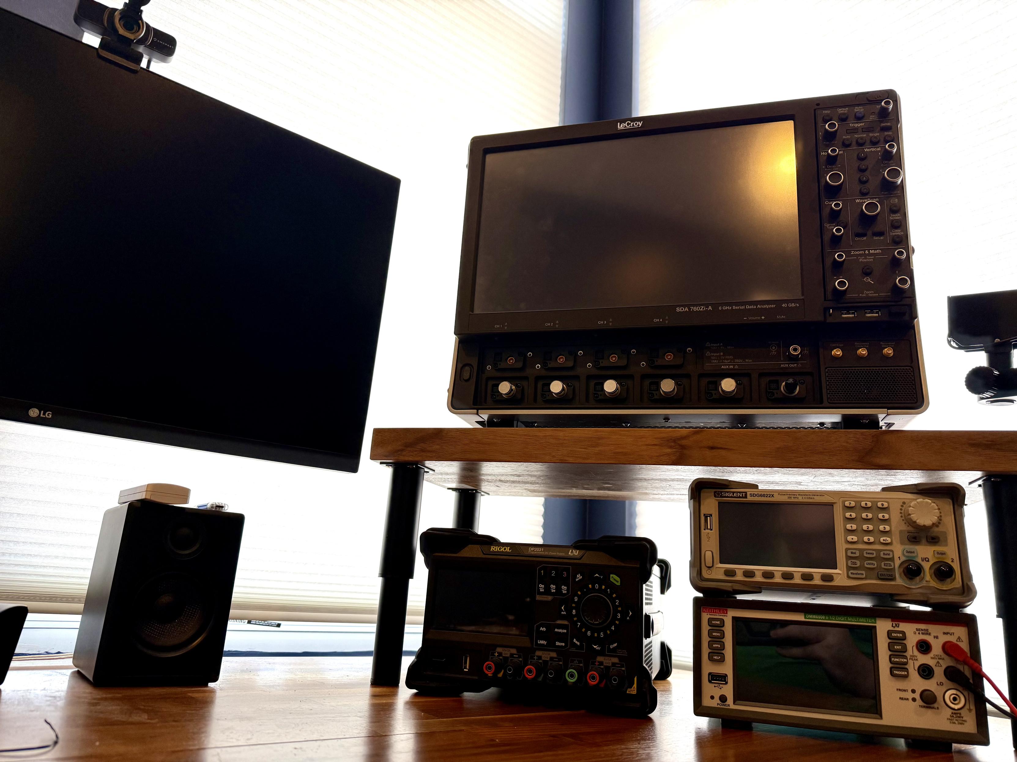 Low angle shot looking up at the LeCroy perched on my new riser shelf