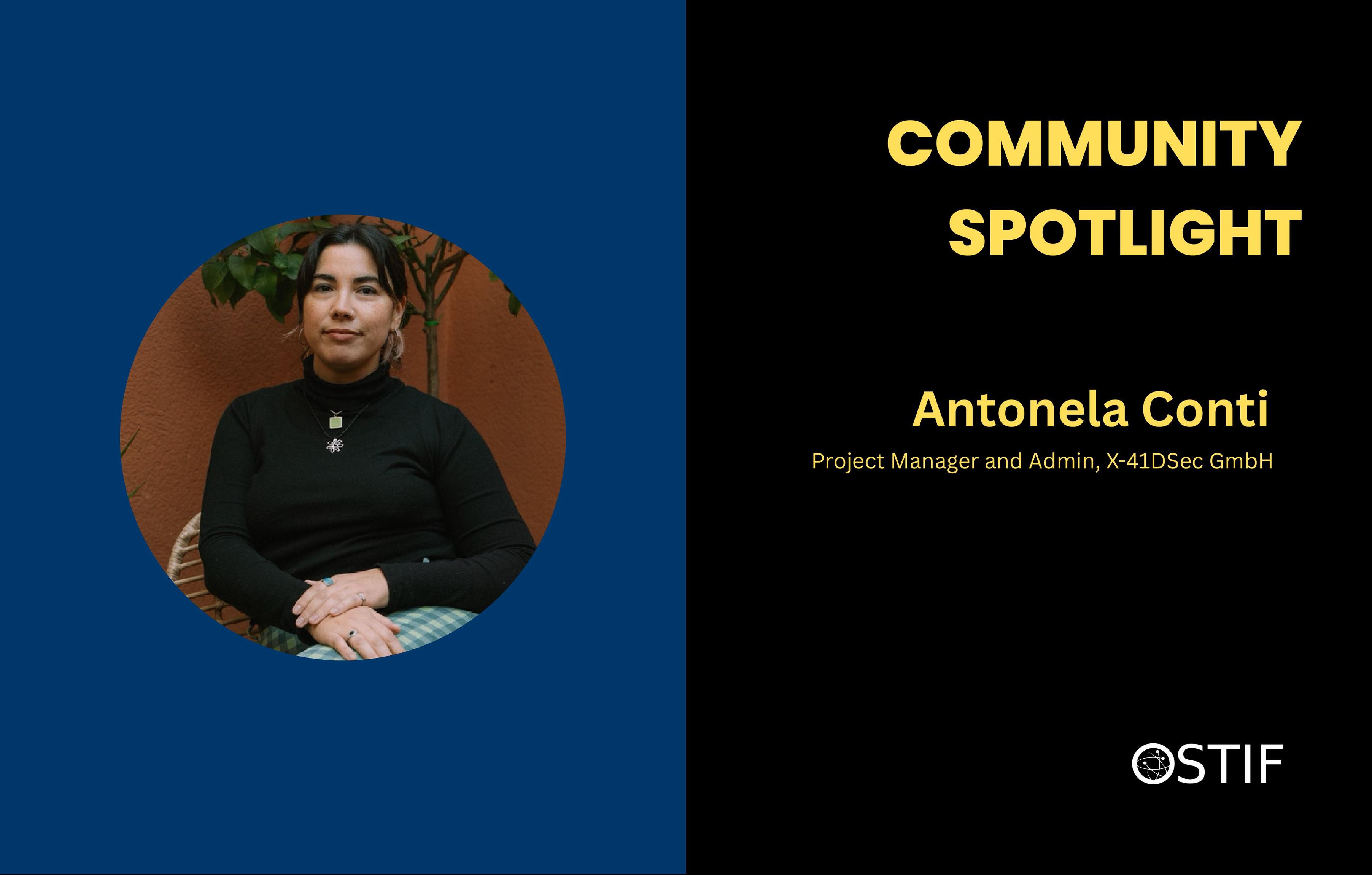 half blue half black graphic showing headshot of Antonela Conti, Project Manager and Admin for X41D-Sec as OSTIF's Community Spotlight recipient