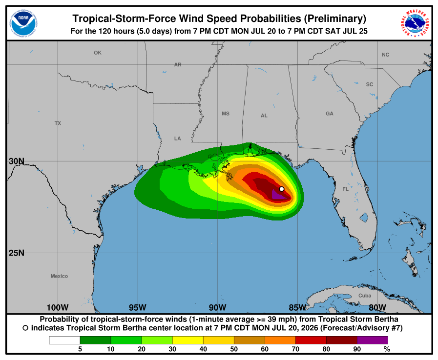 Summary for Tropical Storm Bertha (AT2/AL022026)
The minimum central pressure was 999 mb with maximum sustained winds of about 40 mph.