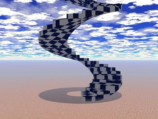 checkered stairs made in a 3d program called bryce 3d with a sky that has a bunch of clouds 