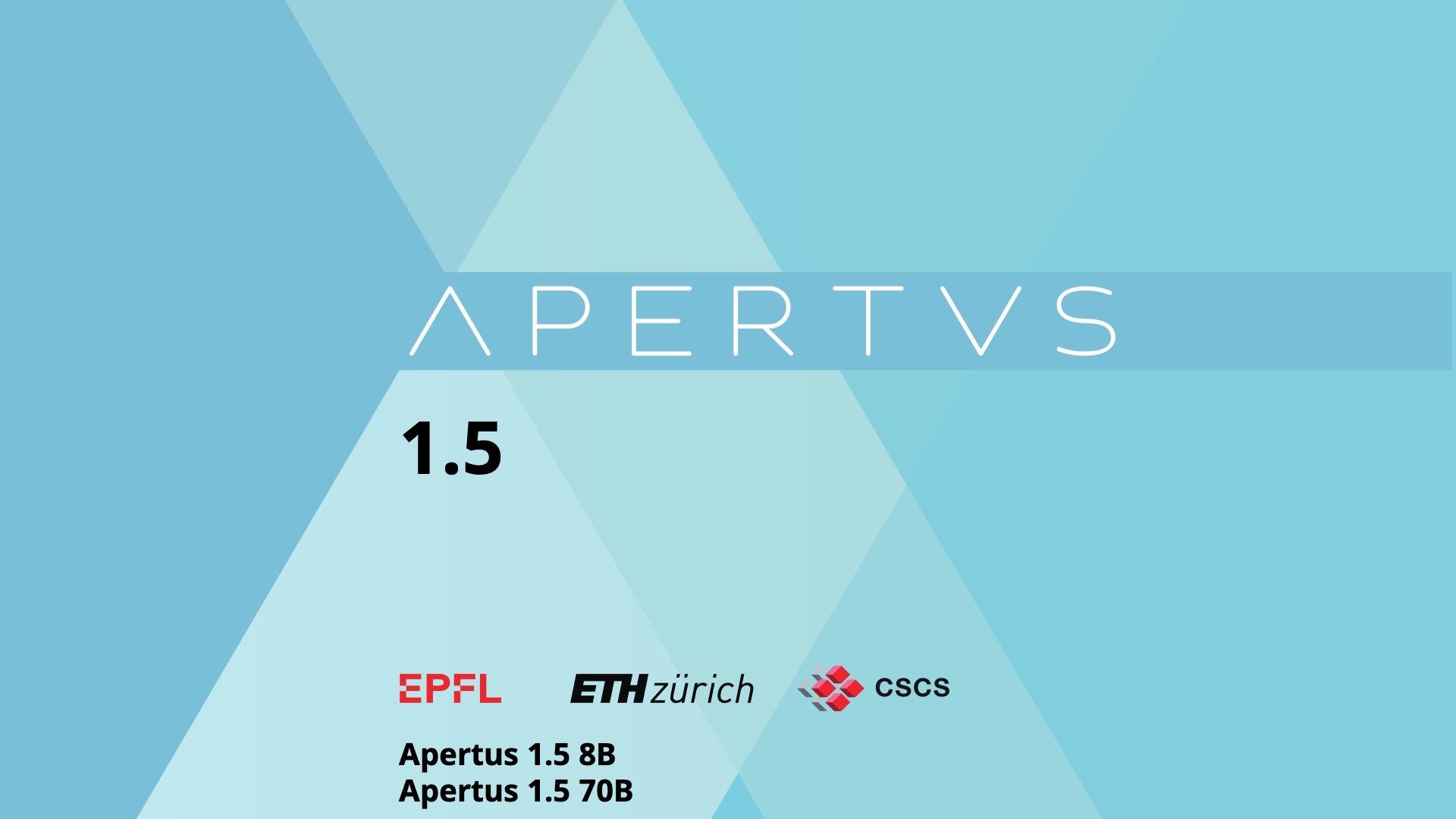 Geometric shapes with Apertus 1.5 announcement and EPFL / ETH / CSCS logos.
