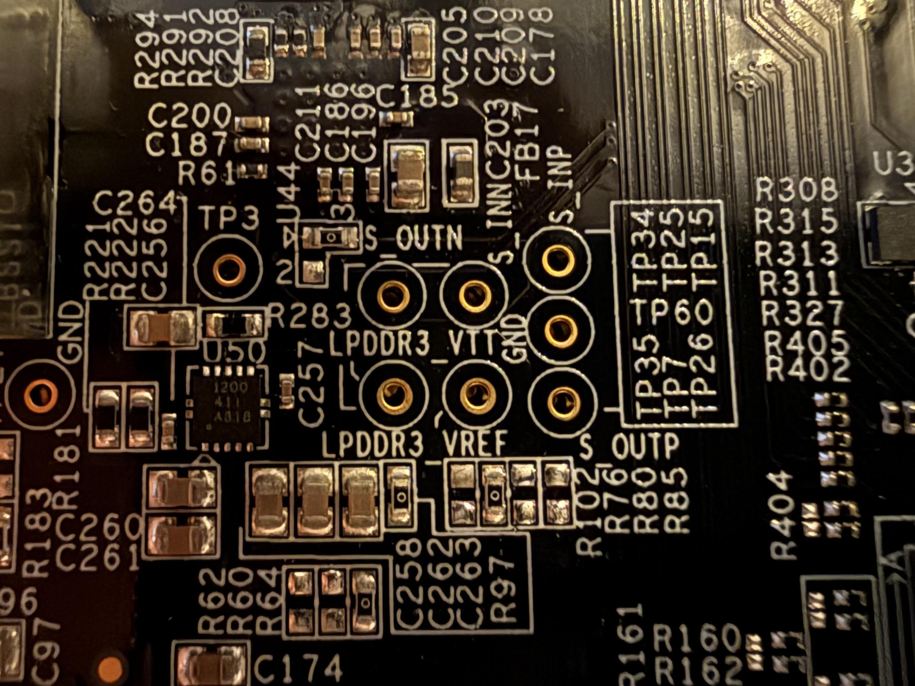 Test pints for LPDDR3 VTT and VREF, with other test points that’s aren’t clear labeled. Some have little lines to show which point the label refers to, but it doesn’t help much
