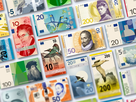 Screenshot of linked webpage. Many new colourful Euro banknotes visible with faces, birds, buildings, etc.