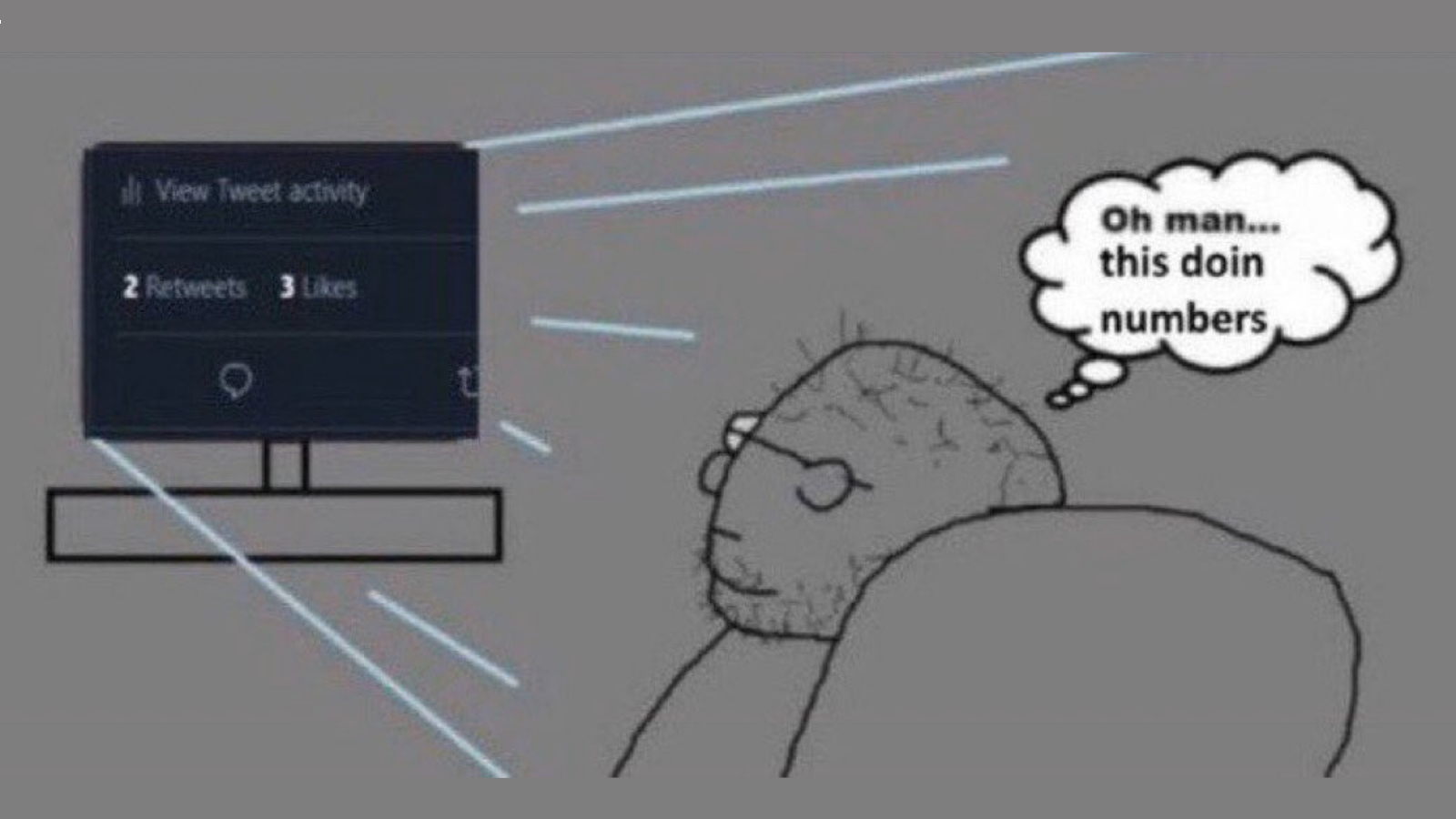 A meme of a person sitting on a couch looking at a screen. The screen has a twitter post on it. The twitter post has 2 retweets and 3 likes. The person comments "Oh man... this doin' numbers"
