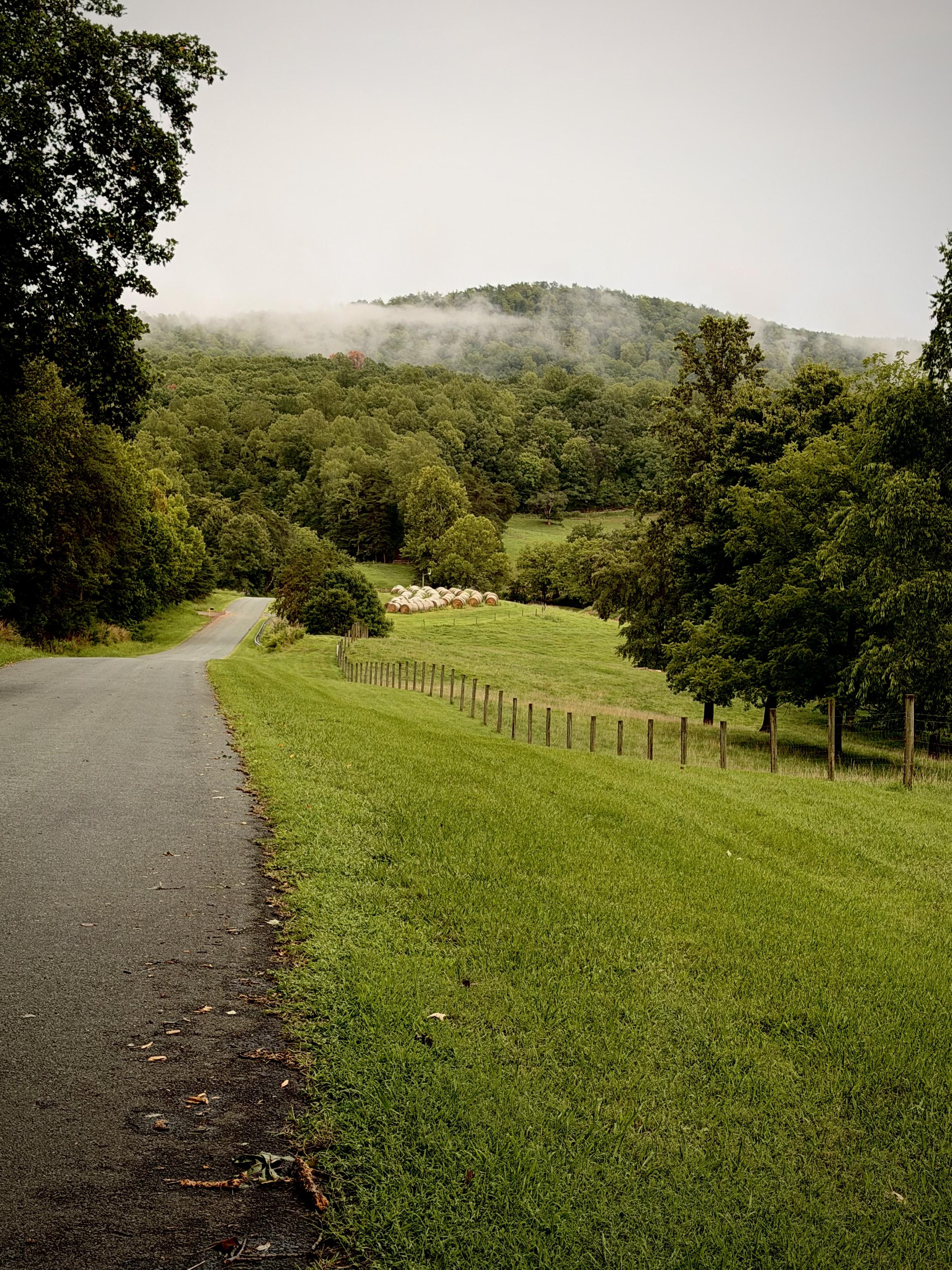Country road leads down into a mountain valley, mist and rolls of hay.