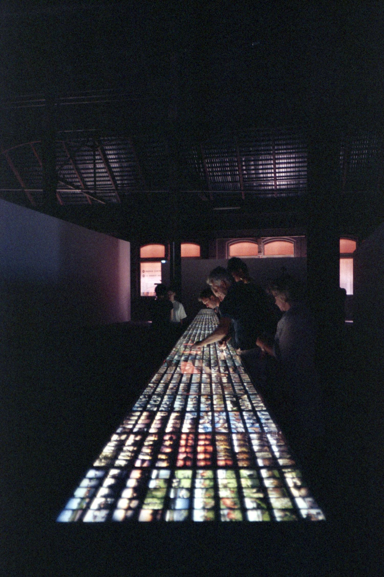 Rows of backlit diapositives with people looking at them