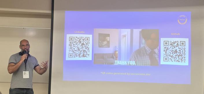 Rafael Araujo at PyCon Portugal. His slides contain two qr codes to his LinkedIn profile and github repo. Footer text saying qr code generated by secretcodes.dev