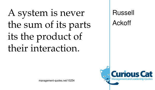 image with text: A system is never the sum of its parts its the product of their interaction. - Russell Ackoff