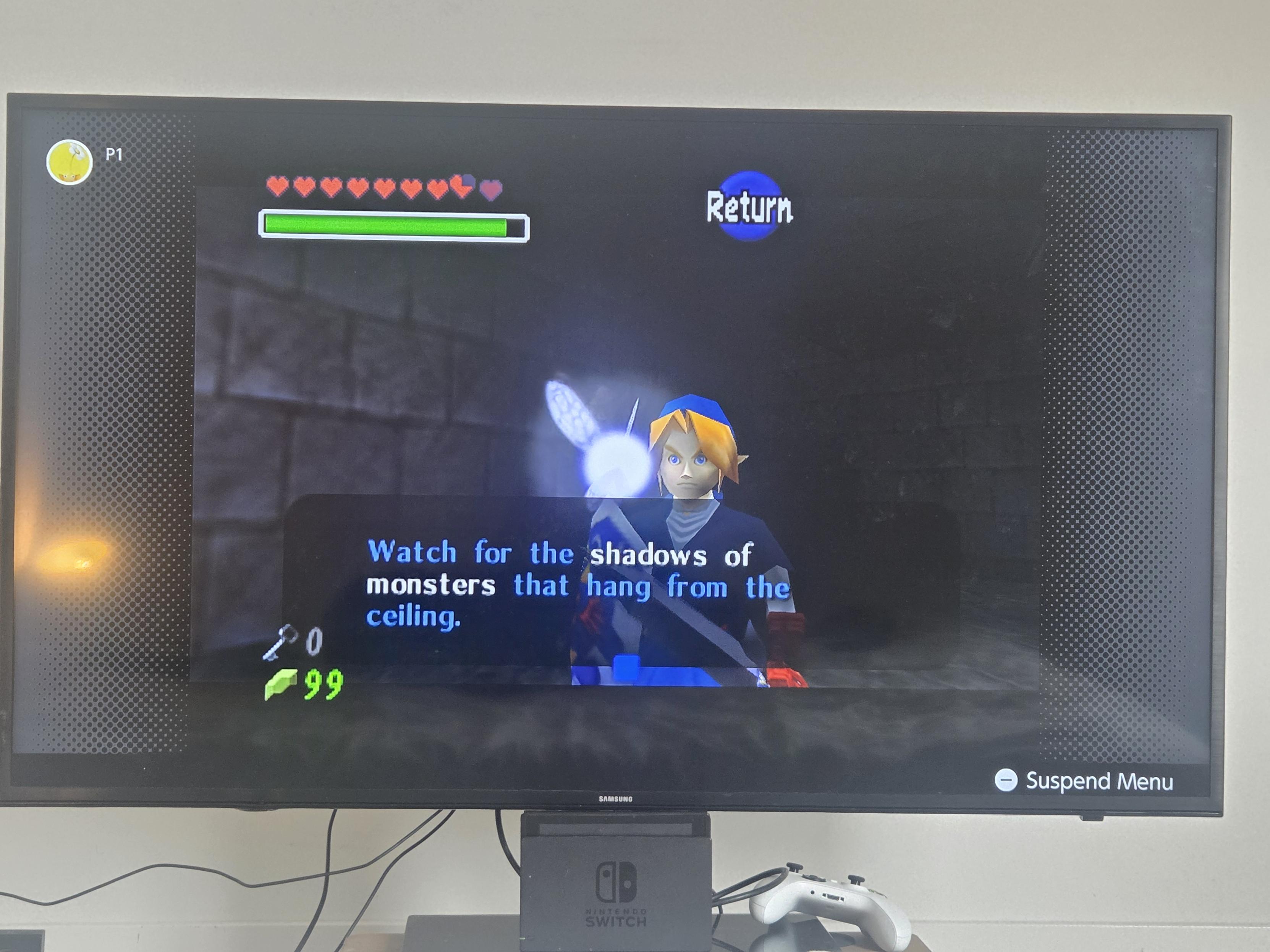 A screenshot of Zelda Ocarina of Time, right when Link is being warned for "the shadows of monsters that hang from the ceiling" aka Dead Hand
