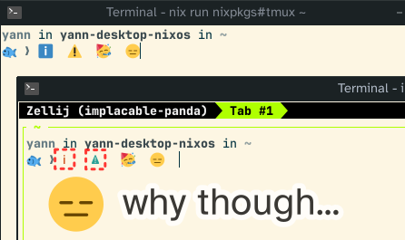 two xfce4-terminal instance with vanilla tmux and zellij open.

tmux shows ℹ️   ⚠️   🥳  😑 (correct)
zellij shows ℹ   ⚠   🥳  😑 (incorrect)