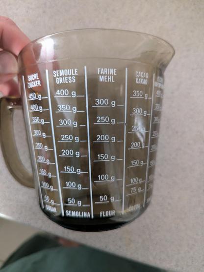 Image of measuring jug with weight measures for baking ingredients 