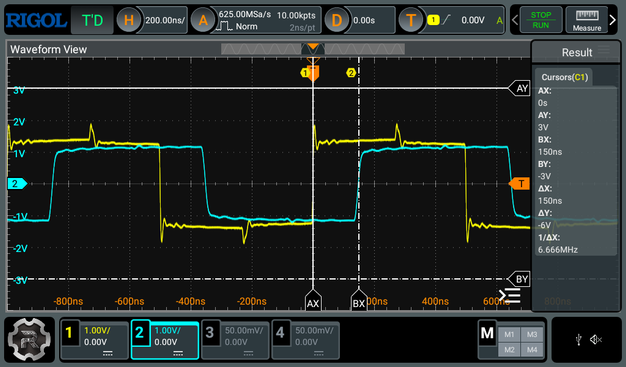 Screenshot of a an oscilloscope with yellow and blue traces. Both traces are slightly distorted square waves, with the blue trace shifted to the right. Vertical cursors indicate that the blue trace is 150 ns behind the yellow.