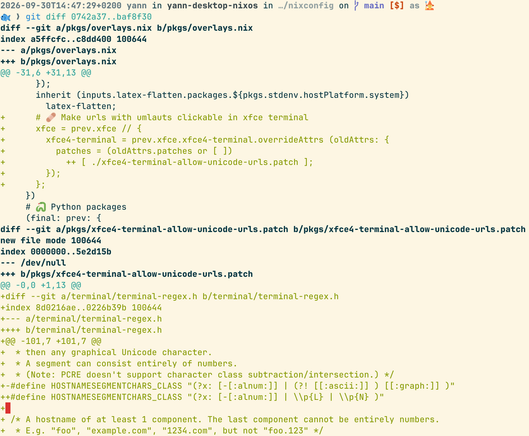 git diff showing an added nixpkgs overlay for xfce4-terminal applying a simple patch that allows hostanmes with unicode characters (\p{L} and \p{N}) instead of the upstream [[:ascii:]] and [[:graph:]] logic that does not seem to work.