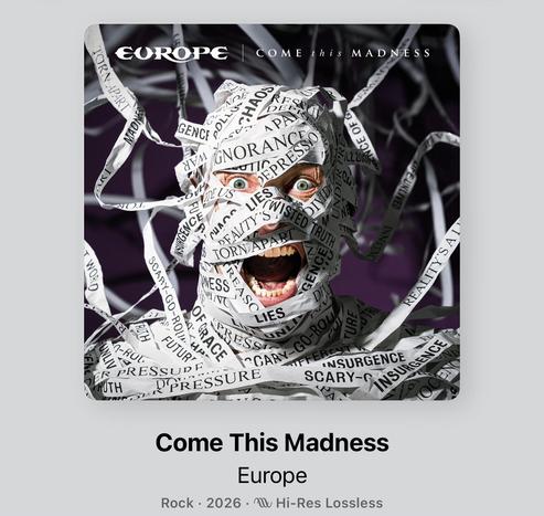 Album cover for Europe’s “Come This Madness”: a screaming face wrapped in text strips like “ignorance” and “pressure,” purple background.
