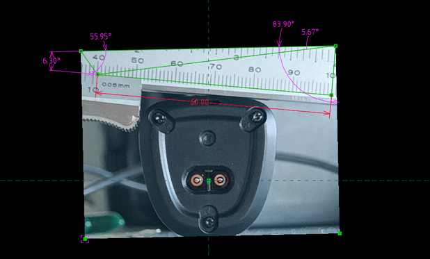 Solvespace screenshot, showing a loaded photo of a Philips OneBlade shaver's charger socket with a caliper placed on top for reference. Five contruction lines are constrained with four angles, just so one dimension (60mm on the caliper) can be calibrated to have proper dimensions in SolveSpace.