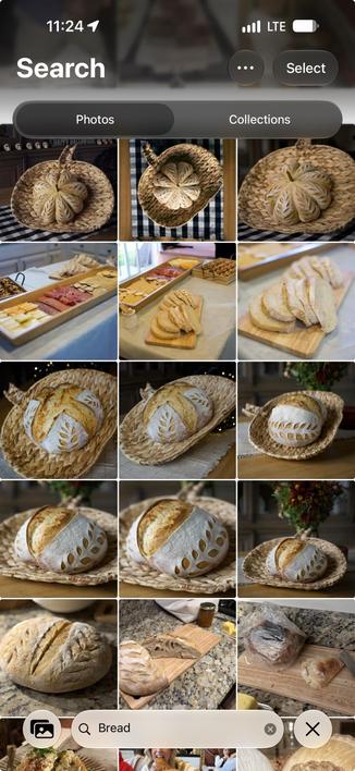 A phone screen shows a search for “Bread,” displaying a grid of artisanal loaves in baskets and sliced on boards.