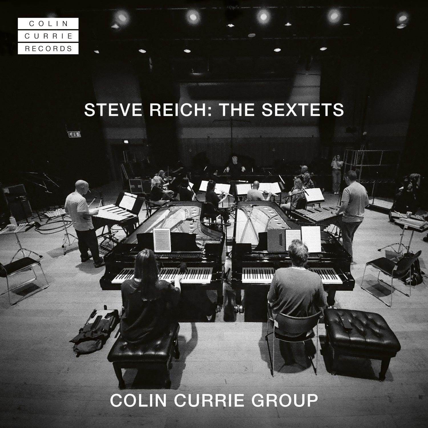 Cover of Colin Currie Group’s album “Steve Reich: The Sextets”, featuring a black and white photo of the ensemble performing, emphasizing the doubling of the instruments.