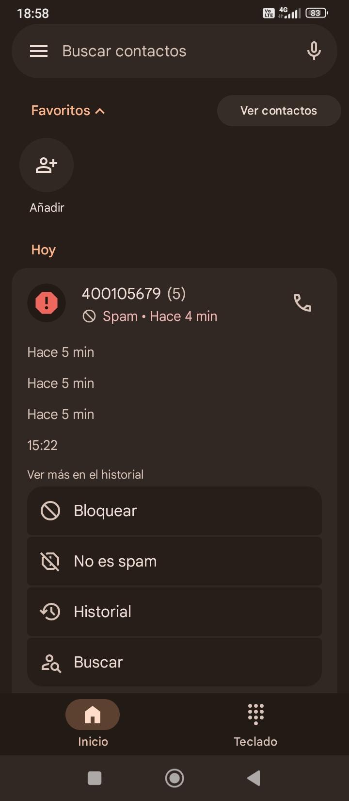 Captura de pantalla de mi móvil: se muestra un número de teléfono que fue bloqueado automáticamente, 5 veces, por spam
