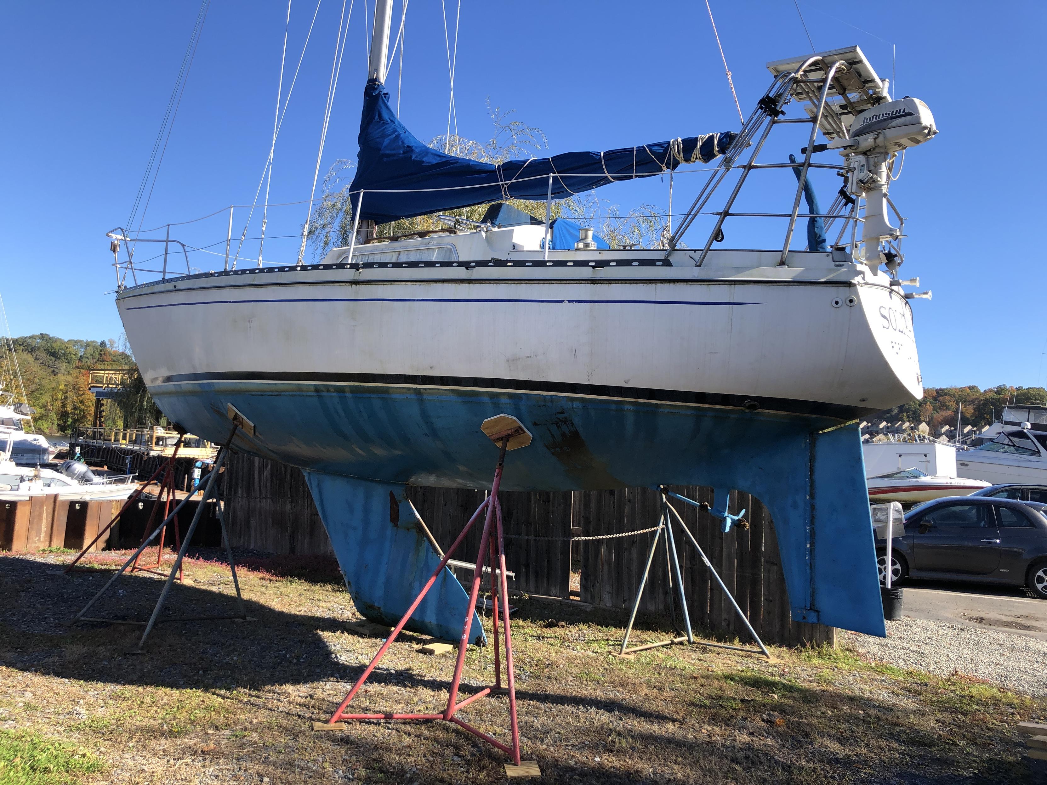 Solitaire on stands in the boatyard