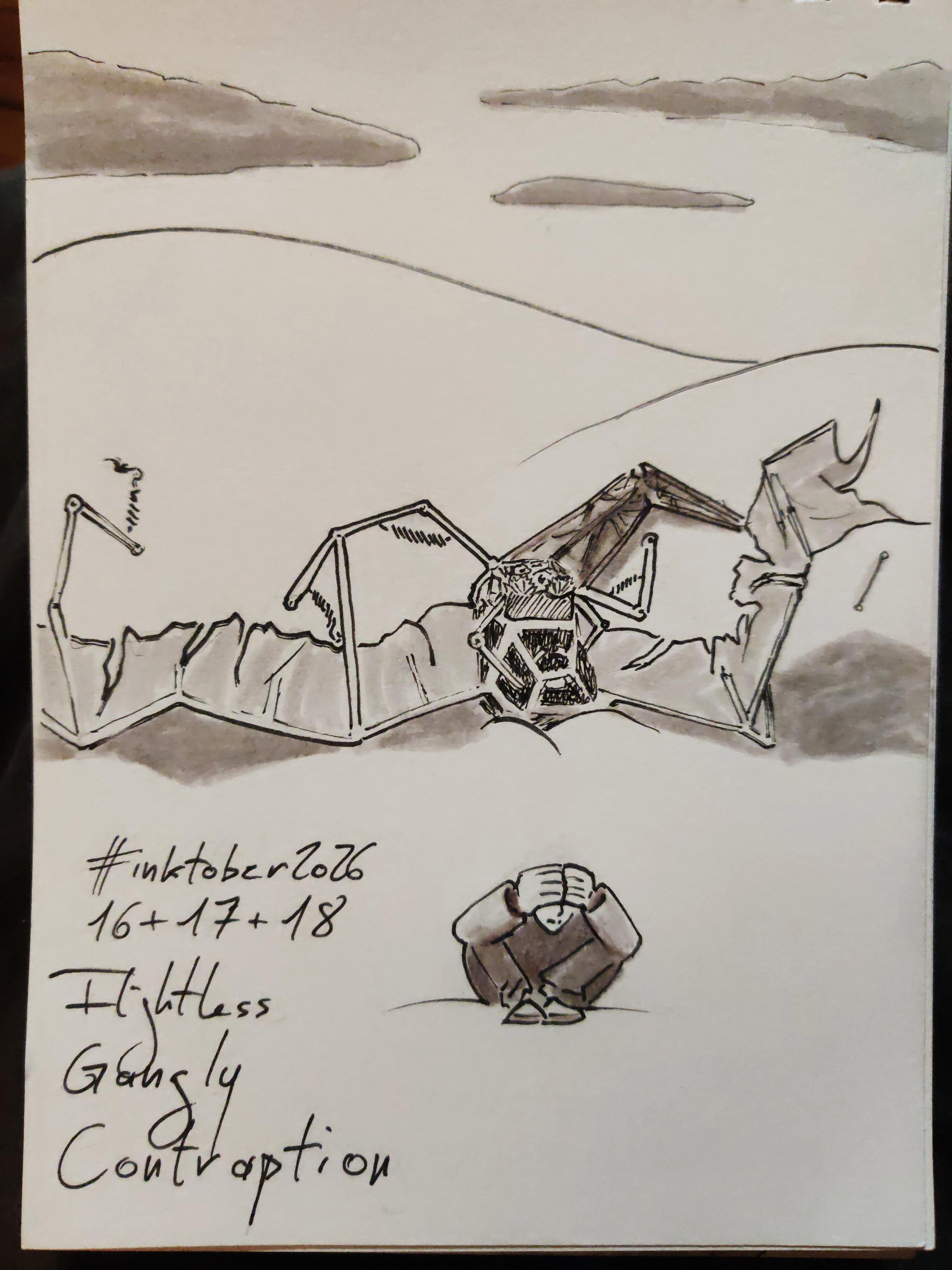 Ink drawing of a pilot sitting his head in his hands, in front of a crashed (not-so-) flying machine