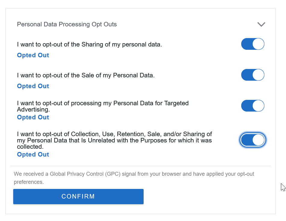 A privacy control dialog with 4 options. Each option is set to "Opt Out" but the slider is in the "On" position.