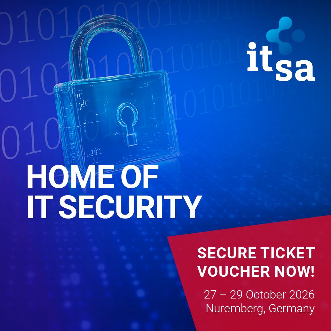In the foreground it says "Home of IT Security" and "Secure Ticket Voucher Now". Additionally there is the it-sa Logo and a see-through lock.